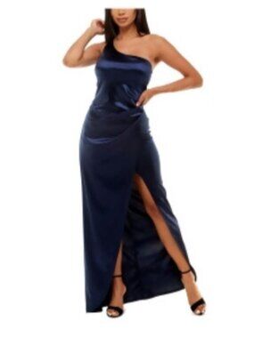 Emerald Sundae Juniors' Satin One-Shoulder Gown Navy L